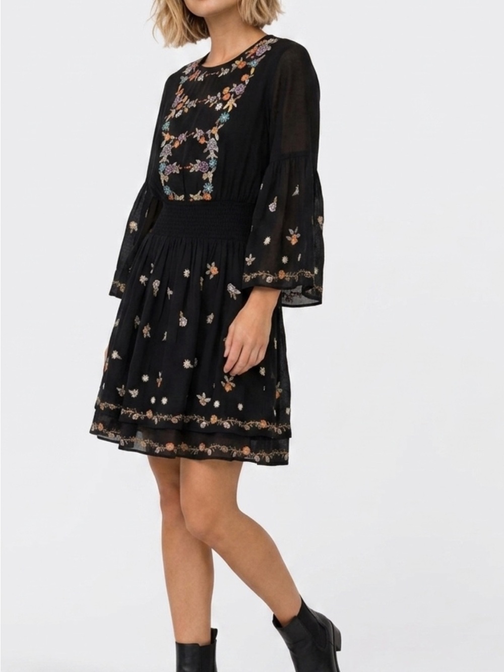 Maeve Black Mini Dress with Multicolor Floral Embroidery